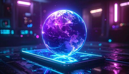 Fototapeta premium Global technology network with glowing fiber optics and digital connections around a blue earth sphere