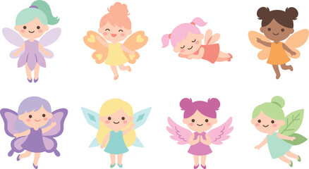 Fototapeta premium Cute Chibi Fairy Character Collection with Pastel Butterfly Wings and Colorful Outfits for Kawaii Nursery Wall Art, Stickers, and Kids Birthday Stationery