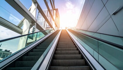 Obraz premium Moving escalator inside airport terminal with modern glass architecture