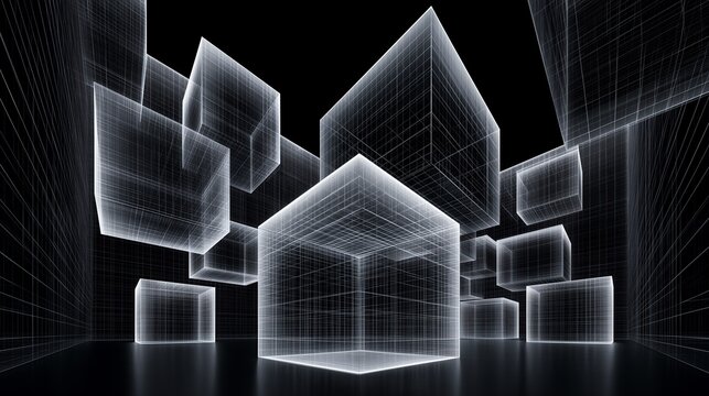 Transparent thin white wireframe floating 3D cubic geometry within dark empty void, depth grid spatial scene for metaverse presentation, tech exhibition backdrop and web header layout