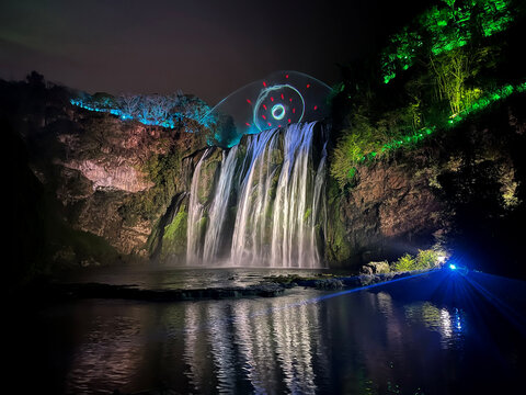 The spectacular night lights at Huangguoshu Waterfall in Guizhou, China