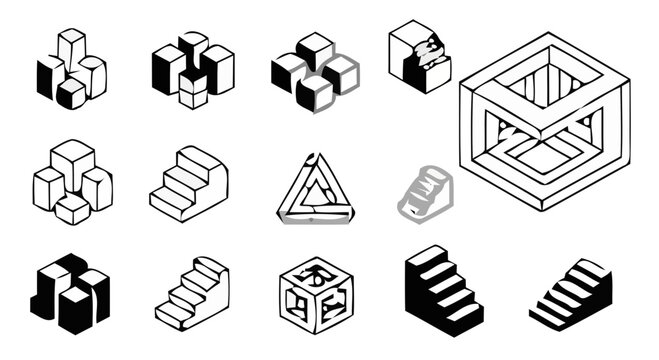 Impossible Objects Collection: Optical Illusions, Geometric Shapes, Escher Style Art
