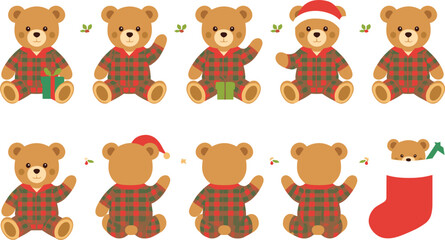 Fototapeta premium Cute Christmas Teddy Bear Character Set Wearing Plaid Pajamas and Santa Hat for Holiday Greeting Cards, Winter Decor, and Seasonal Stickers