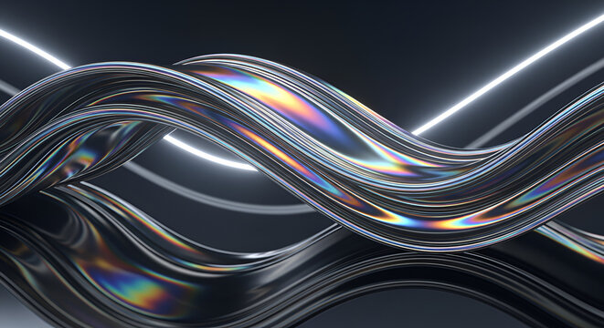 Abstract Metallic Wave with Rainbow Refraction, Futuristic Waving Surface, Smooth Chrome Texture
