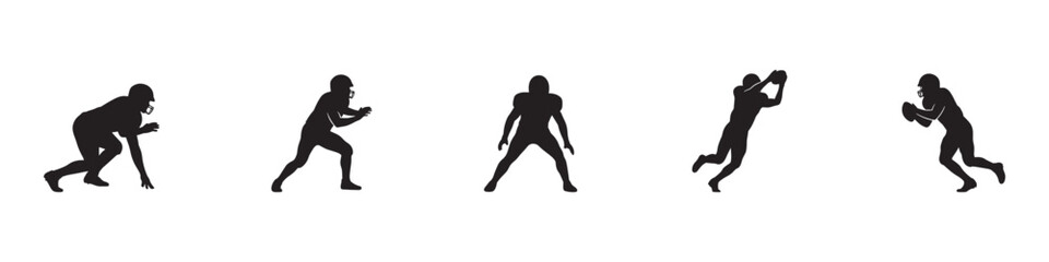 American football players icon set. Athletes silhouettes in helmets running, catching ball and blocking. Team sport match and championship concept. Vector illustration. © Roberto_Caravelli