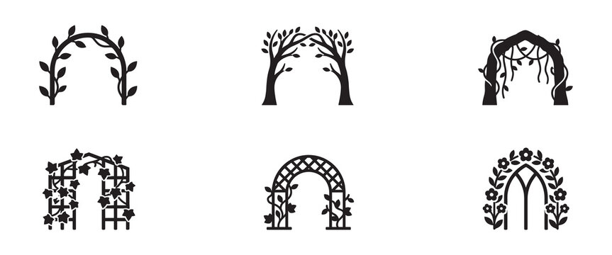 Garden arch and wedding arbor icon set. Gates with climbing plants, ivy leaves, branches and flowers symbols. Backyard landscaping and ceremony decor concept. Vector illustration.