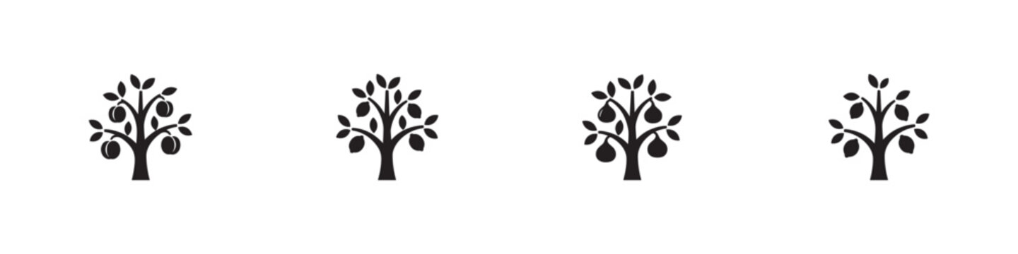 Garden fruit trees icon set. Organic citrus, lemon, pear and orange plant symbols with ripe fruits and leaves. Vector illustration.