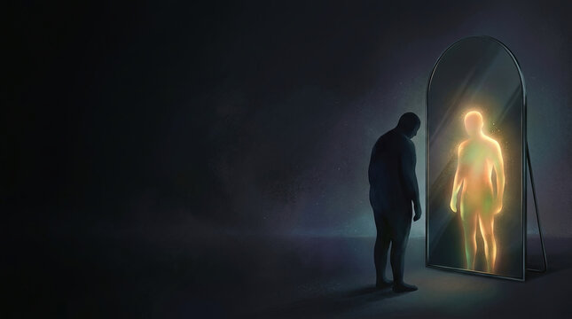 Dark silhouette of a person looking into an arched mirror reflecting a glowing colorful inner self. Concept of hope, recovery and mental health. Copy space for text
