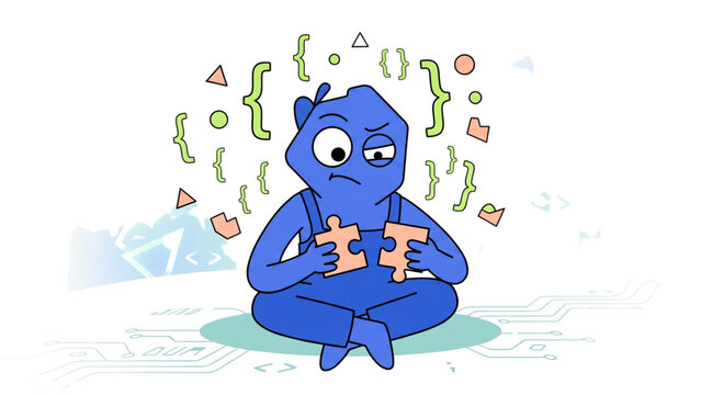 Blue cartoon mascot assembling puzzle pieces isolated on transparent background with code icons