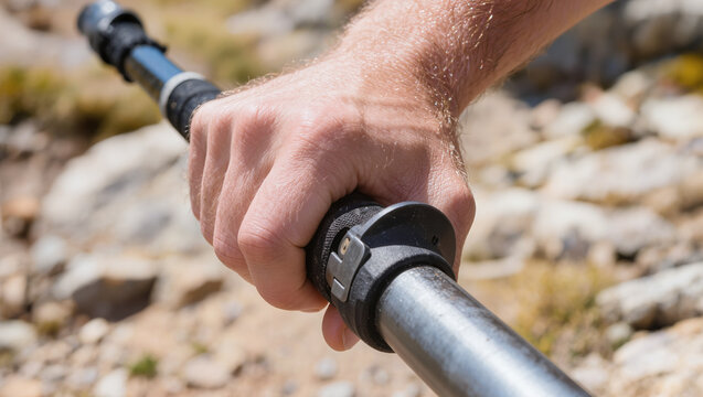 Close-up of a hiker's hand gripping a trekking pole. Professional shot focusing on outdoor adventure gear, hiking equipment, mountain trekking, and active travel sports