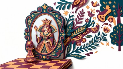 Naklejka premium Whimsical 3D Layered Paper Art Chess Queen and Fantasy Garden Mirror