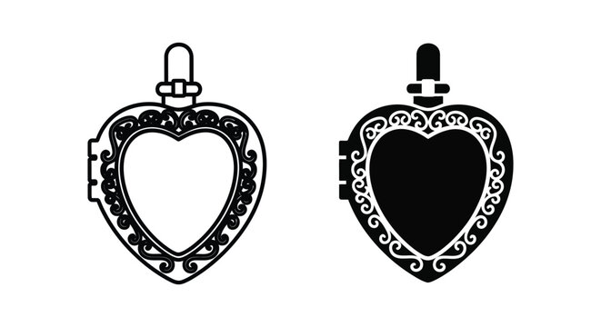 Heart shaped locket pendant with ornate filigree border, vintage jewelry accessory, vector illustration set
