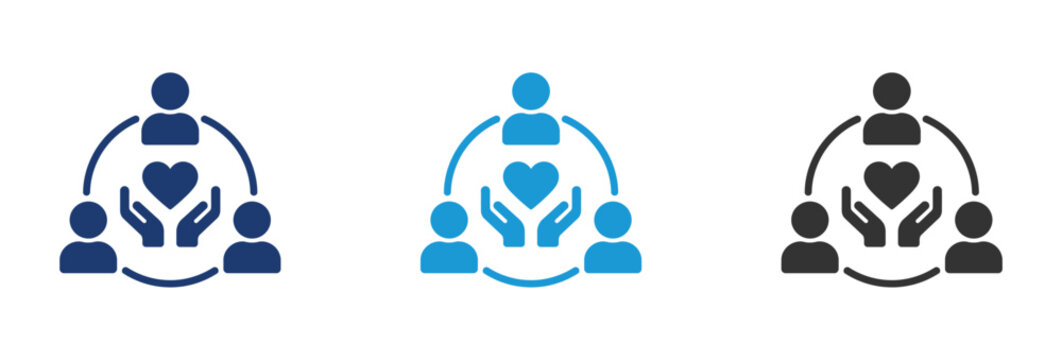 Community Support and Charity Care Icon Set with People and Heart Symbols.
