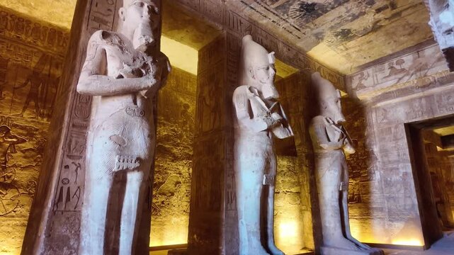 Interior view of the great temple of abu simbel with colossal statues of ramesses ii and ancient egyptian hieroglyphs on the walls and ceiling