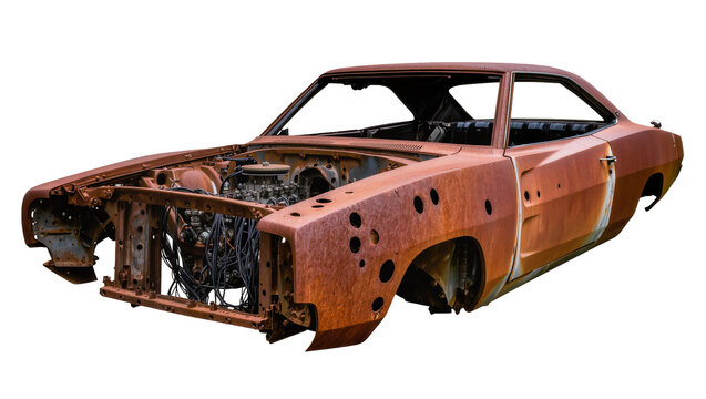 Rusty vintage car body with engine and chassis
