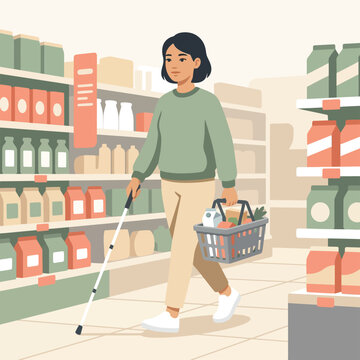 Person with chronic illness using mobility cane grocery shopping independent 3D vector cartoon illustration, invisible disability accessibility awareness, sage green warm cream coral design