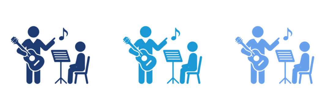 Music teacher giving guitar lesson to student with sheet music and notes icon set.
