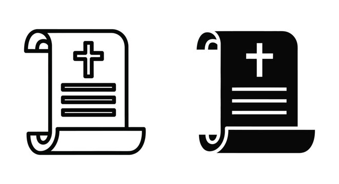 Christian scroll icon, religious paper document with cross symbol, holy bible scripture, church vector illustration, outline and solid style, isolated on white background