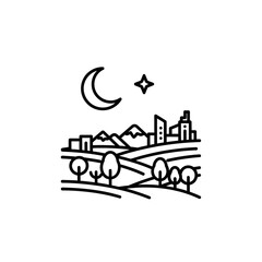 Obraz premium Minimalist Night Cityscape with Crescent Moon and Star Over Rolling Hills