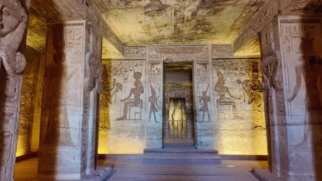 Majestic interior of the small temple of abu simbel, dedicated to the goddess hathor and nefertari, showing detailed hieroglyphs