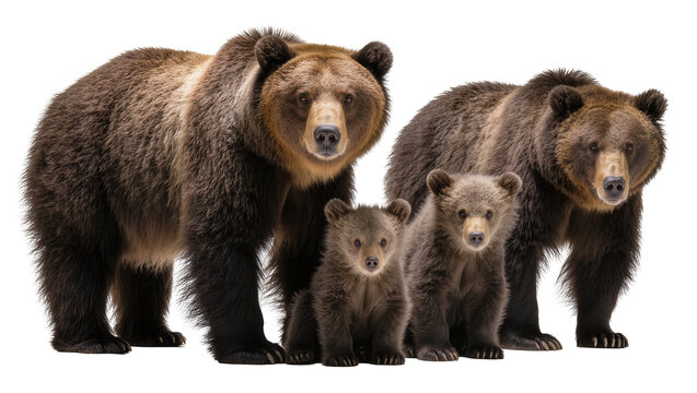 Brown bear family with two cubs on white