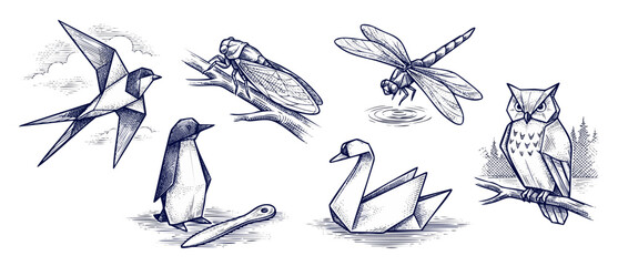 Fototapeta premium Origami animal engraving line art set of geometric paper birds and insects sketched in vintage etching style isolated on a white background conveying nostalgic retro concept through detailed drawings
