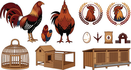 Rooster and Poultry Farm Vector Set Featuring Wooden Coops Cages Badges Feathers and Agriculture Logos for Livestock Branding Designs © MstMinara