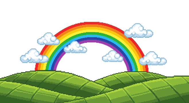 Pixel Art Rainbow Over Green Hills with Clouds