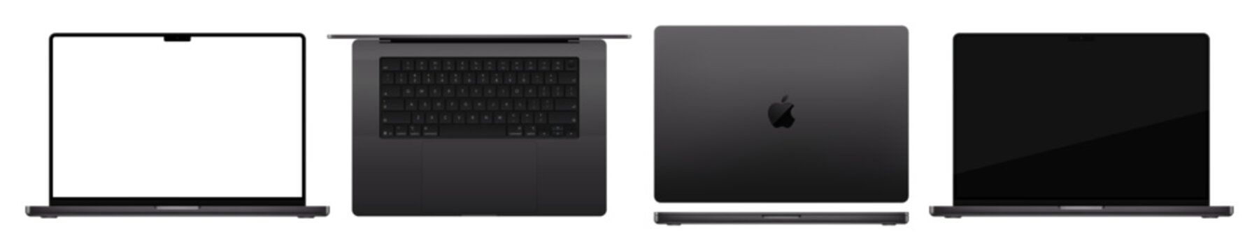Photorealistic detailed New Apple Macbook Pro M5 Max 16.2 inches 2026 Space Black mockup pack. Front, rear and top view isolated on transparent background. Vector editorial PNG