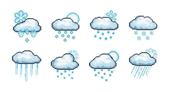 Pixel Art Weather Icons: Snow, Rain, and Sun with Clouds