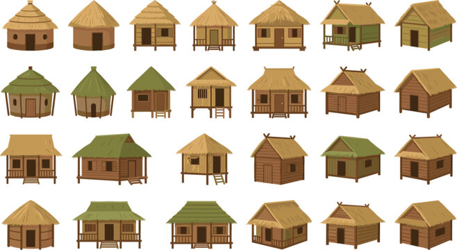 Traditional Bamboo Straw Hut Vector Icon Set Featuring Thatch Roof Bungalows Tribal Stilt Cabins and Tropical Village Houses for Game Design