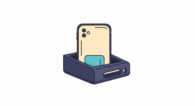 A cartoon-style illustration of a smartphone in a dark blue charging dock