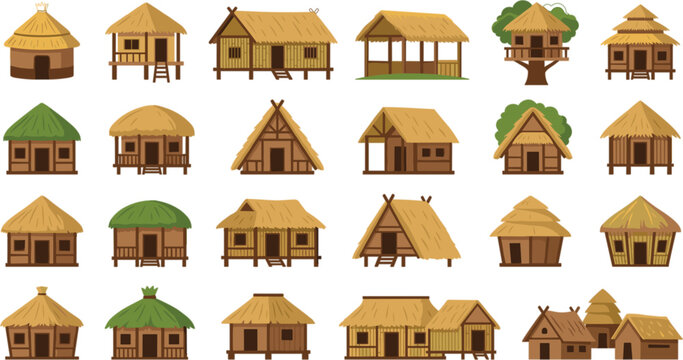 Tropical Village Hut Vector Icon Set Featuring Thatch Roof Bungalows Bamboo Cabins Treehouses and Traditional Tribal Houses for Game Design