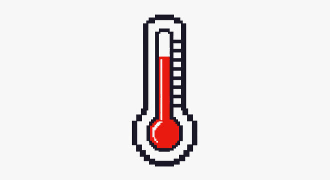 Pixelated Thermometer Icon Showing High Temperature, Hot Weather Concept