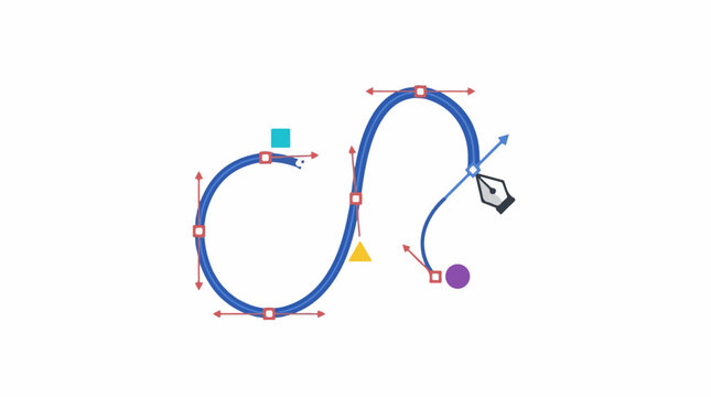A graphic design element with a blue curved line and various colored shapes