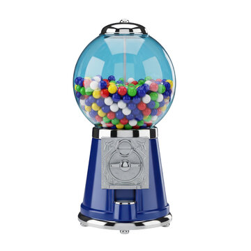 Classic blue vending machine filled with multi-colored gumballs isolated, colorful
