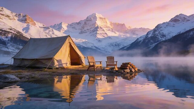 campsite at sunrise with single unoccupied canvas tent beside crystal clear lake and empty chairs perfect for Camping and Outdoor Adventure