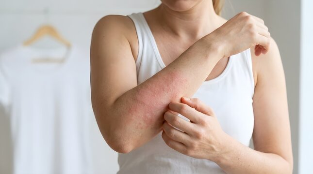 Woman suffering from an itchy red skin rash on her arm in a bright indoor setting