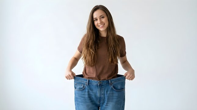 Happy young woman wearing loose oversized denim jeans after achieving her successful healthy weight loss goal