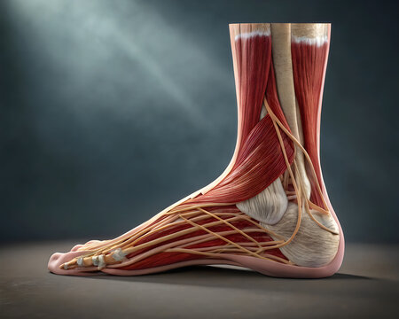 Human foot anatomy with muscles and tendons
