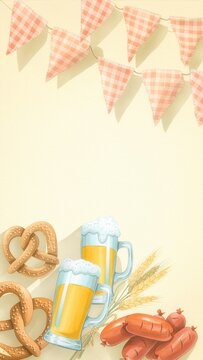 Oktoberfest flat-lay with pretzels, beer steins and gingham bunting in soft blue and cream, autumn festival copy space

