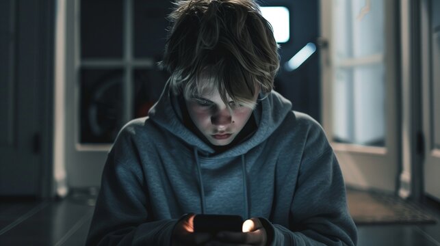 Teen with hooded sweater staring at phone in dim room, isolated and upset &mdash; visual of online harassment impact and cyberbully distress.