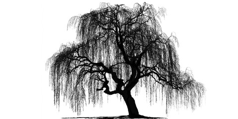 A black silhouette of a weeping willow tree isolated on transparent background with long drooping branches and a distinctive tree shape © oneday