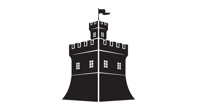 Black castle tower icon, medieval fortress silhouette, castle wall, tower flag