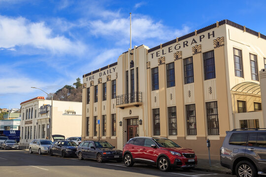 Napier, New Zealand. The Daily Telegraph building (1932), one of the city's many Art Deco attractions. August 6, 2021