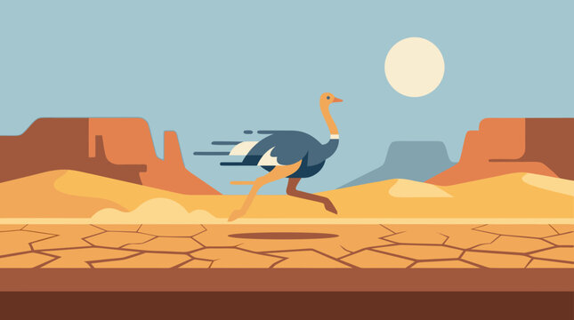A beautiful flat vector illustration depicting a professional and artistic scene of a ostrich in a beautifully detailed ostrich running across a dry desert or savanna landscape.
