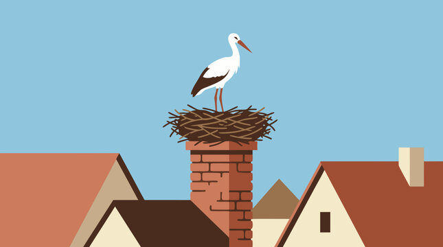 A beautiful flat vector illustration depicting a professional and artistic scene of a stork in a beautifully detailed white stork standing in its nest built on a brick chimney top.