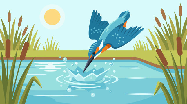 A beautiful flat vector illustration depicting a professional and artistic scene of a kingfisher in a beautifully detailed kingfisher bird diving down into a pond surrounded by reeds.