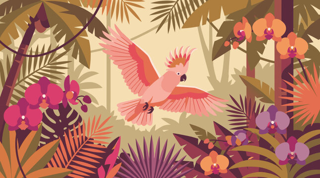 A beautiful flat vector illustration depicting a professional and artistic scene of a cockatoo in a beautifully detailed pink cockatoo parrot flying through a lush tropical rainforest.