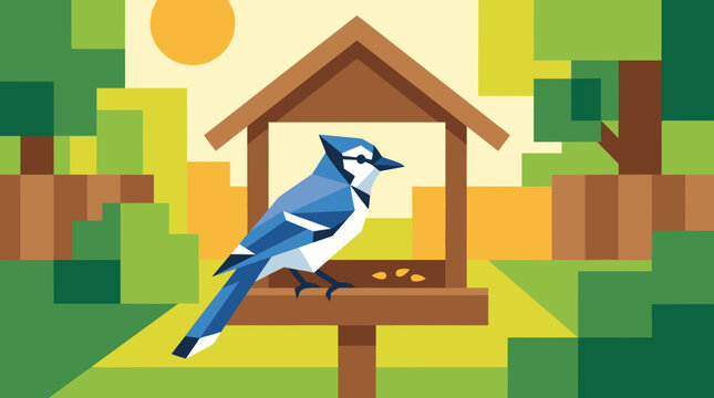 A beautiful flat vector illustration depicting a professional and artistic scene of a blue jay in a beautifully detailed blue jay bird perched on a wooden bird feeder in a green park.